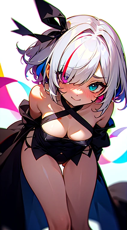 multi-colored hair, short hair, super big boobs, blushing very hard, night, detailed eyes, heterochromia, small height, hair over one eye, messy hair, streaked hair, loli, evil smile, hair ribbon, close-up,