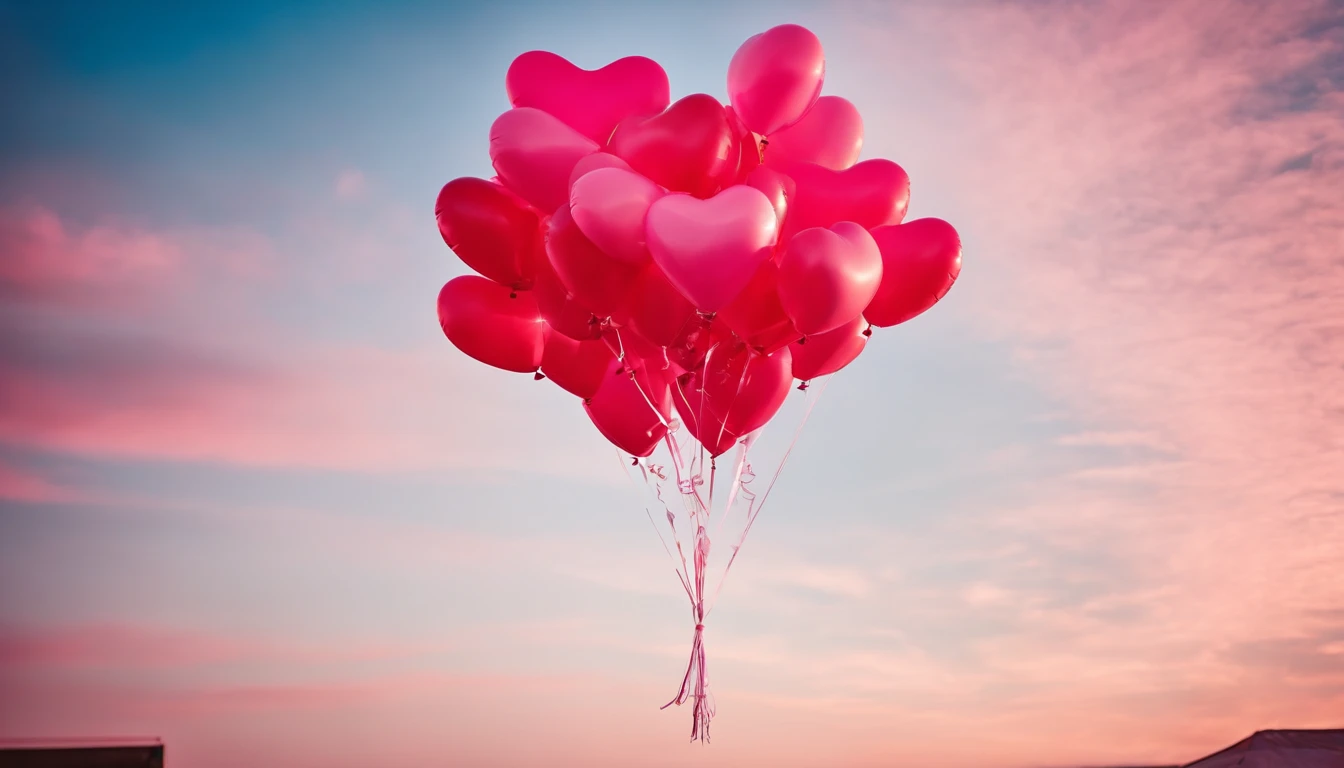 An aesthetic photo of an arrangement of heart-shaped balloons in various shades of pink and red against a bright, blue sky, creating a whimsical backdrop