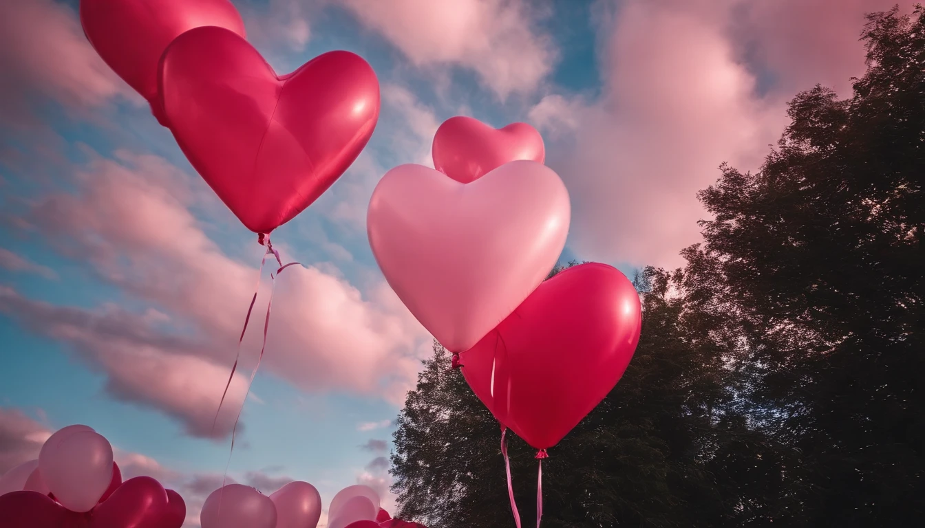 An aesthetic photo of an arrangement of heart-shaped balloons in various shades of pink and red against a bright, blue sky, creating a whimsical backdrop