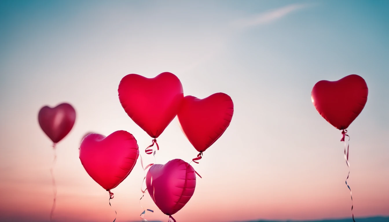 An aesthetic photo of an arrangement of heart-shaped balloons in various shades of pink and red against a bright, blue sky, creating a whimsical backdrop