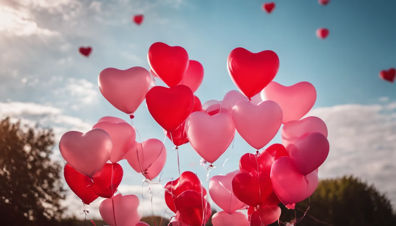 An aesthetic photo of an arrangement of heart-shaped balloons in various shades of pink and red against a bright, blue sky, creating a whimsical backdrop