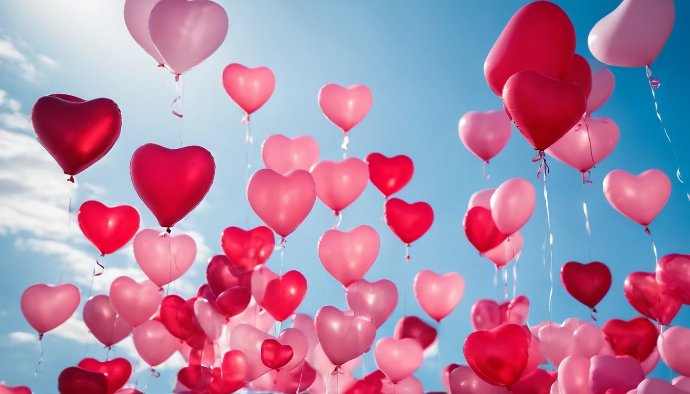 An aesthetic photo of an arrangement of heart-shaped balloons in various shades of pink and red against a bright, blue sky, creating a whimsical backdrop