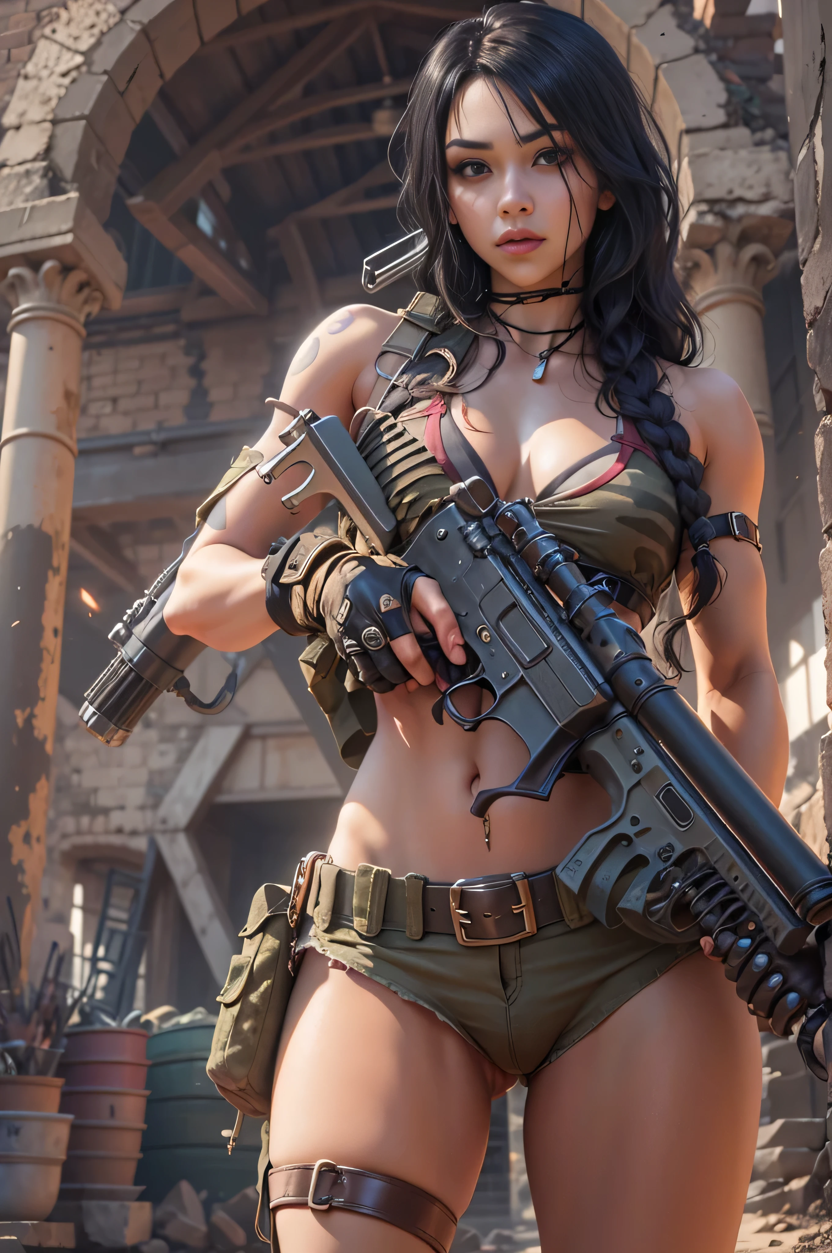 Unreal Engine:1.4,Ultra-realistic 64K CG, Photorealista:1.4, Skin Texture:1.4, Top 1 girls in bikinis ,Gatling gun, Shell casing, Looking at Viewer, Bangs, ammunition belt, gloves,Saggy breasts,opening fire,in the picture, A beautiful girl with long black hair in a bikini appears.,The delicate face of,Wearing bikini metal,standing on the ruins,The behavior of a woman with a heavy sniper rifle in her hands,cle beige dress, Army Chain,War Jet DSLR background, F/2.8, 5D, 16 K, Hyper-Resolution . Realistic style, key visual, Vibrant,, Successful display, Realistic, Camouflage costumes, soldier, Stripes of camouflage makeup on her face at an angle of 45 degrees, Tough Broad,