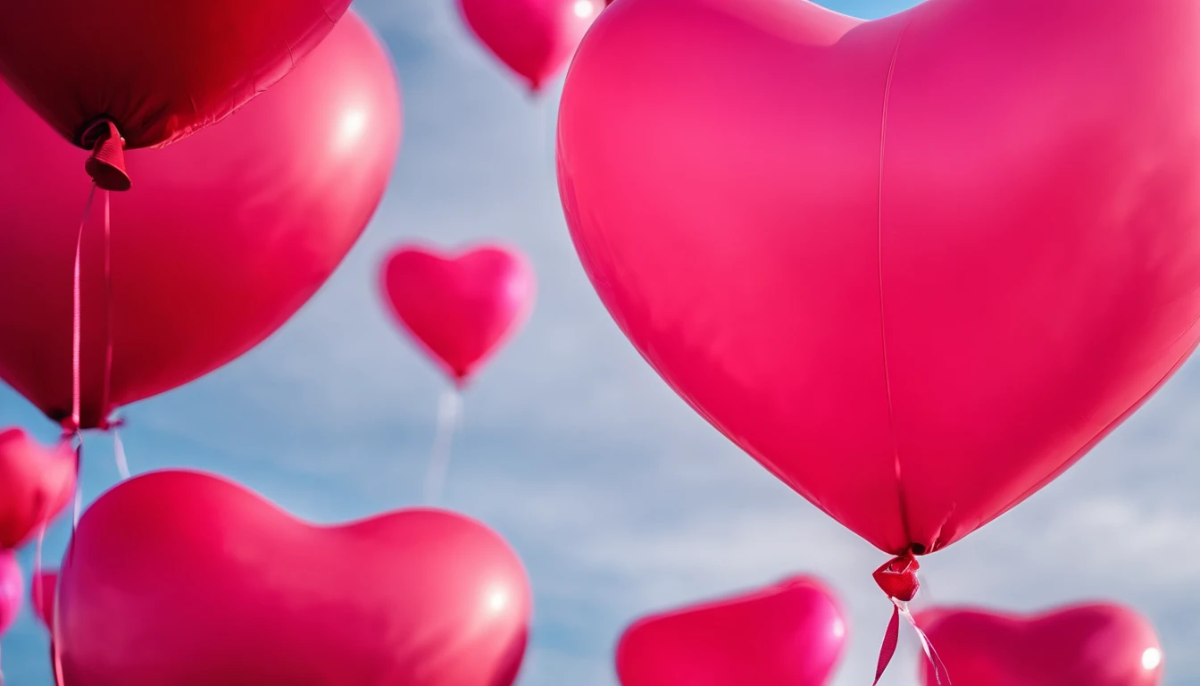 An aesthetic photo of an arrangement of heart-shaped balloons in various shades of pink and red against a bright, blue sky, creating a whimsical backdrop