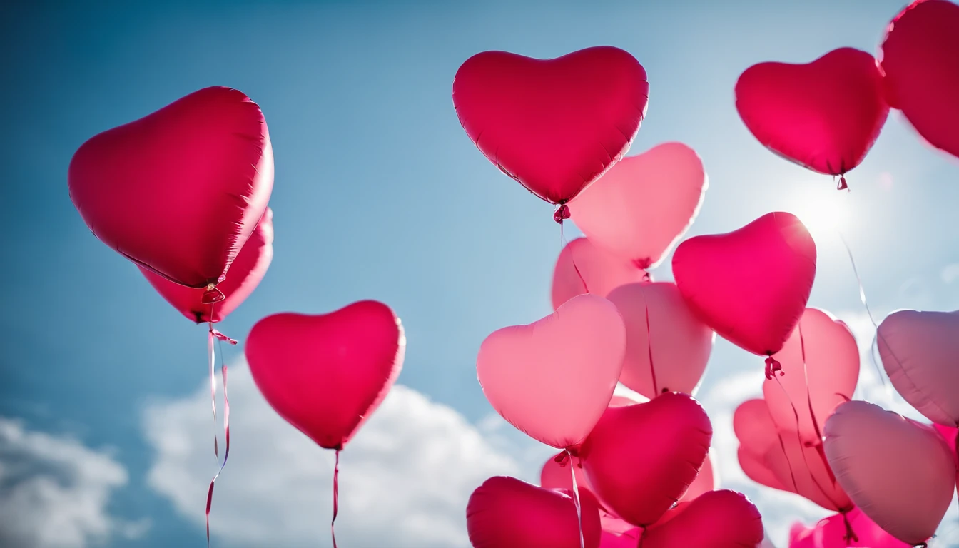 An aesthetic photo of an arrangement of heart-shaped balloons in various shades of pink and red against a bright, blue sky, creating a whimsical backdrop