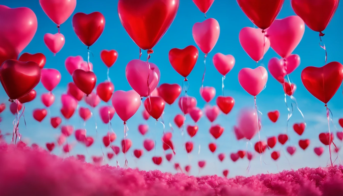 An aesthetic photo of an arrangement of heart-shaped balloons in various shades of pink and red against a bright, blue sky, creating a whimsical backdrop