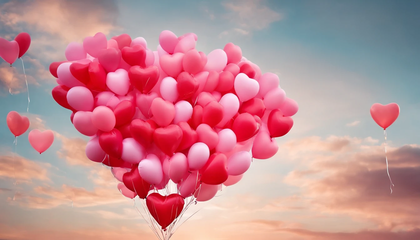 An aesthetic photo of an arrangement of heart-shaped balloons in various shades of pink and red against a bright, blue sky, creating a whimsical backdrop