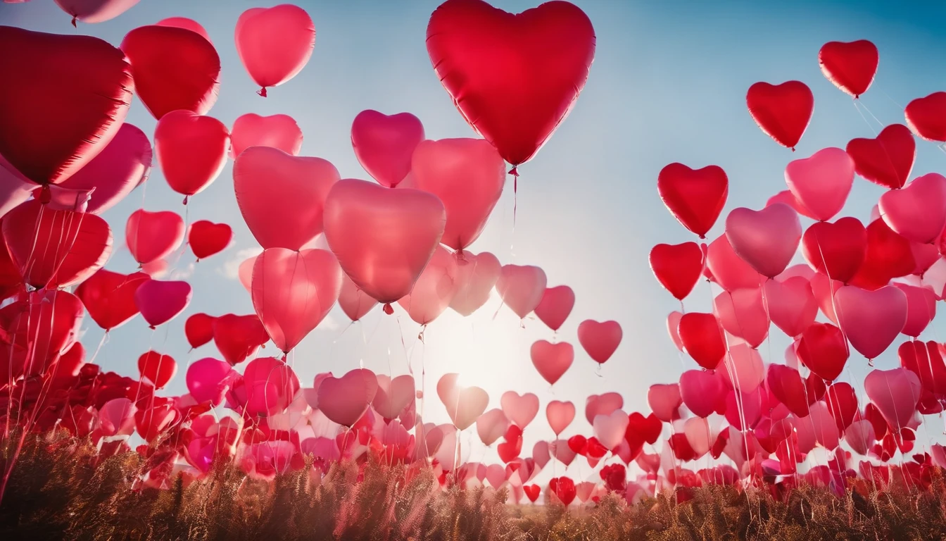 An aesthetic photo of an arrangement of heart-shaped balloons in various shades of pink and red against a bright, blue sky, creating a whimsical backdrop