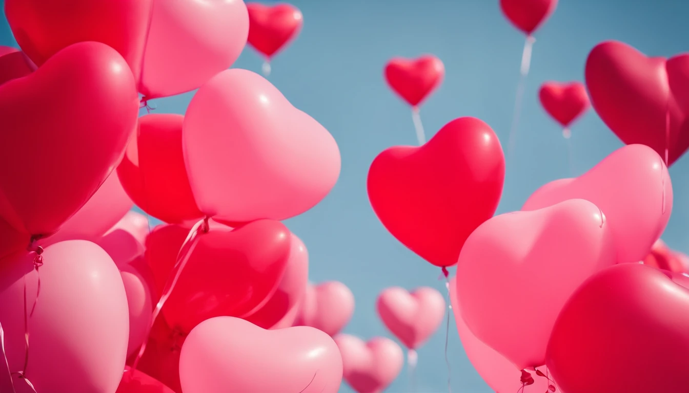 An aesthetic photo of an arrangement of heart-shaped balloons in various shades of pink and red against a bright, blue sky, creating a whimsical backdrop