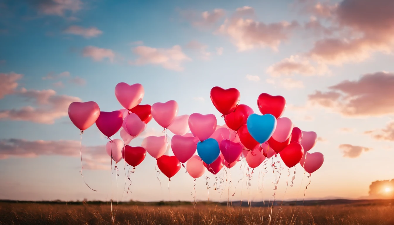 An aesthetic photo of an arrangement of heart-shaped balloons in various shades of pink and red against a bright, blue sky, creating a whimsical backdrop