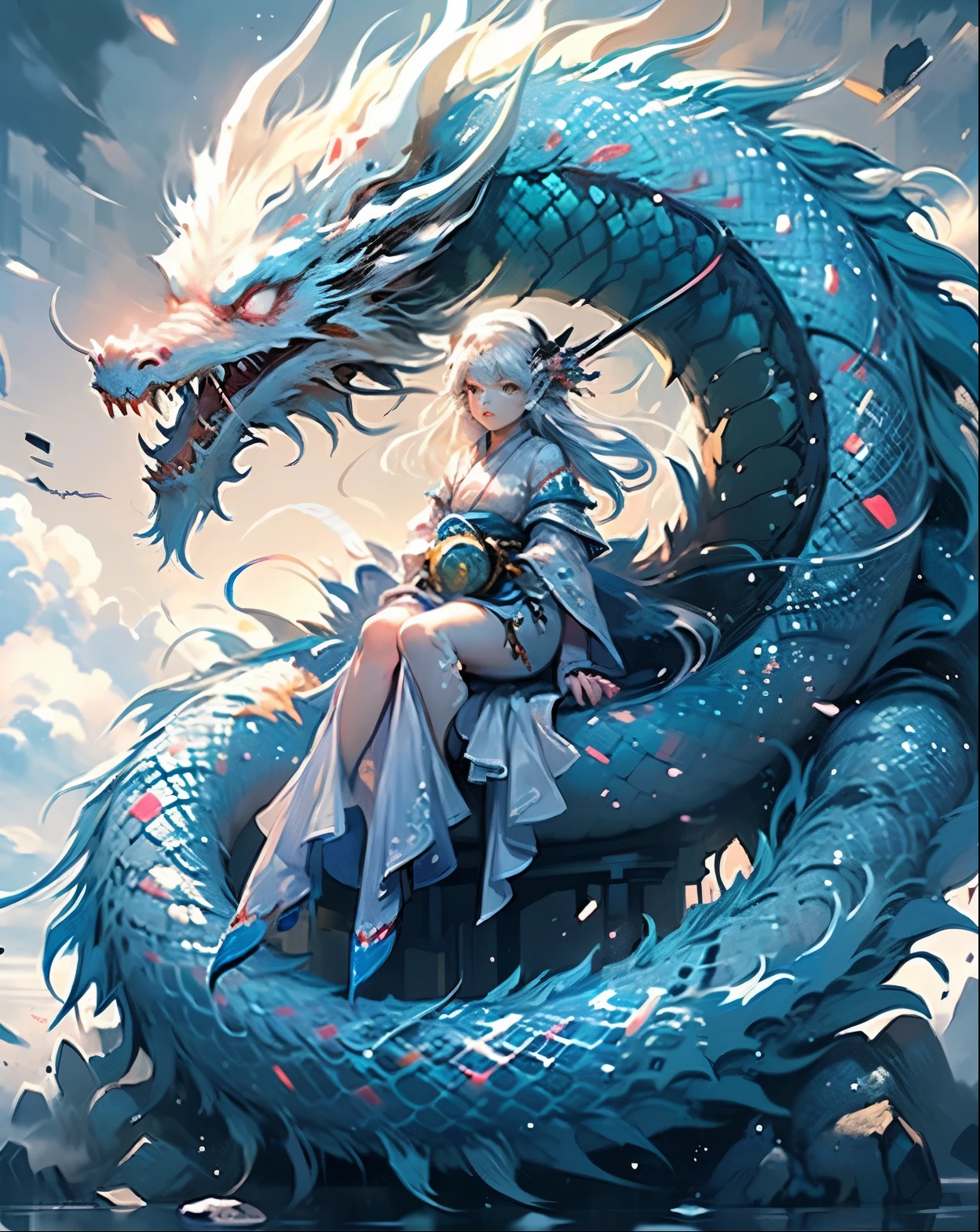 a girl with very long blue hair is sitting next to a blue sea dragon, reading a book, naked, big breasts, beautiful , blue eyes, fanciful, with a small dragon wrapped around her body, pearl dragon asia, god snake, sea, books everywhere, background with asian dragon, body tifa, face tifa