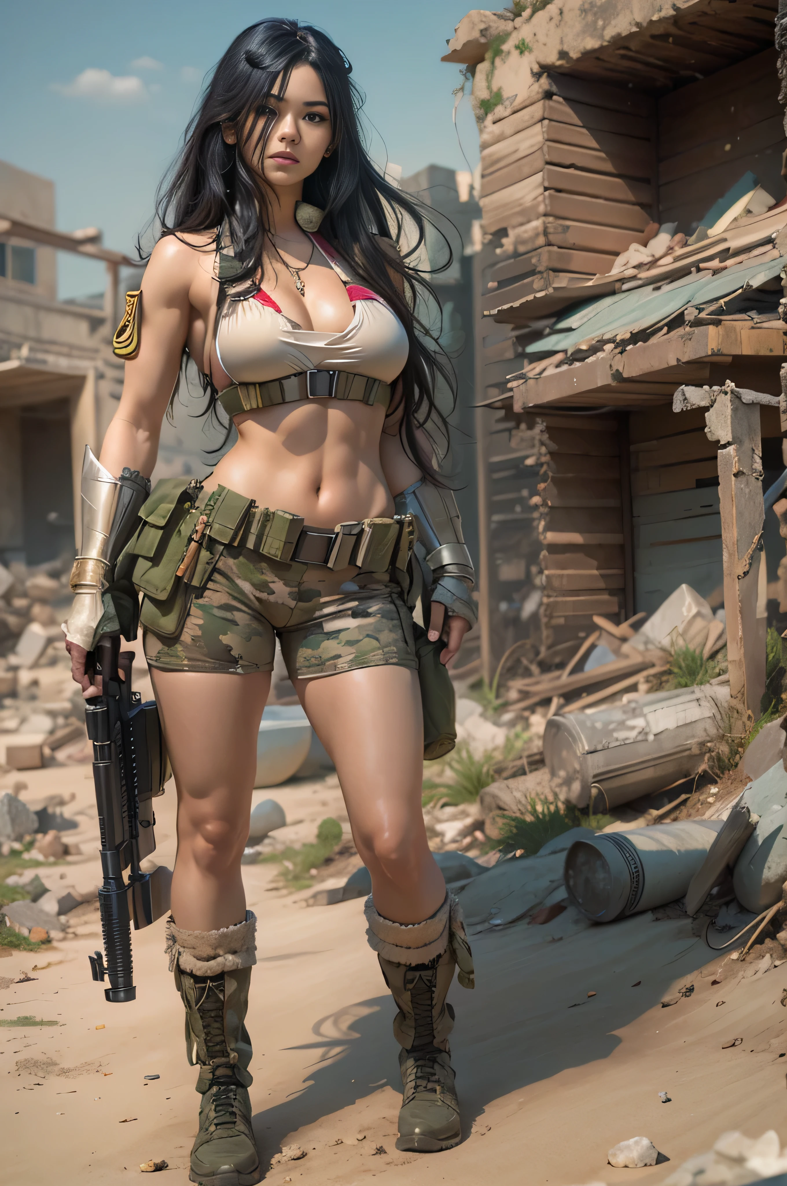 Unreal Engine:1.4,Ultra-realistic 64K CG, Photorealista:1.4, Skin Texture:1.4, Top 1 girls in bikinis ,Gatling gun, Shell casing, Looking at Viewer, Bangs, ammunition belt, gloves,Saggy breasts,opening fire,in the picture, A beautiful girl with long black hair in a bikini appears.,The delicate face of,Wearing bikini metal,standing on the ruins,The behavior of a woman with a heavy sniper rifle in her hands,cle beige dress, Army Chain,War Jet DSLR background, F/2.8, 5D, 16 K, Hyper-Resolution . Realistic style, key visual, Vibrant,, Normal display, Realistic, Camouflage costumes, soldier, Stripes of camouflage makeup on her face at an angle of 45 degrees, Tough Broad,