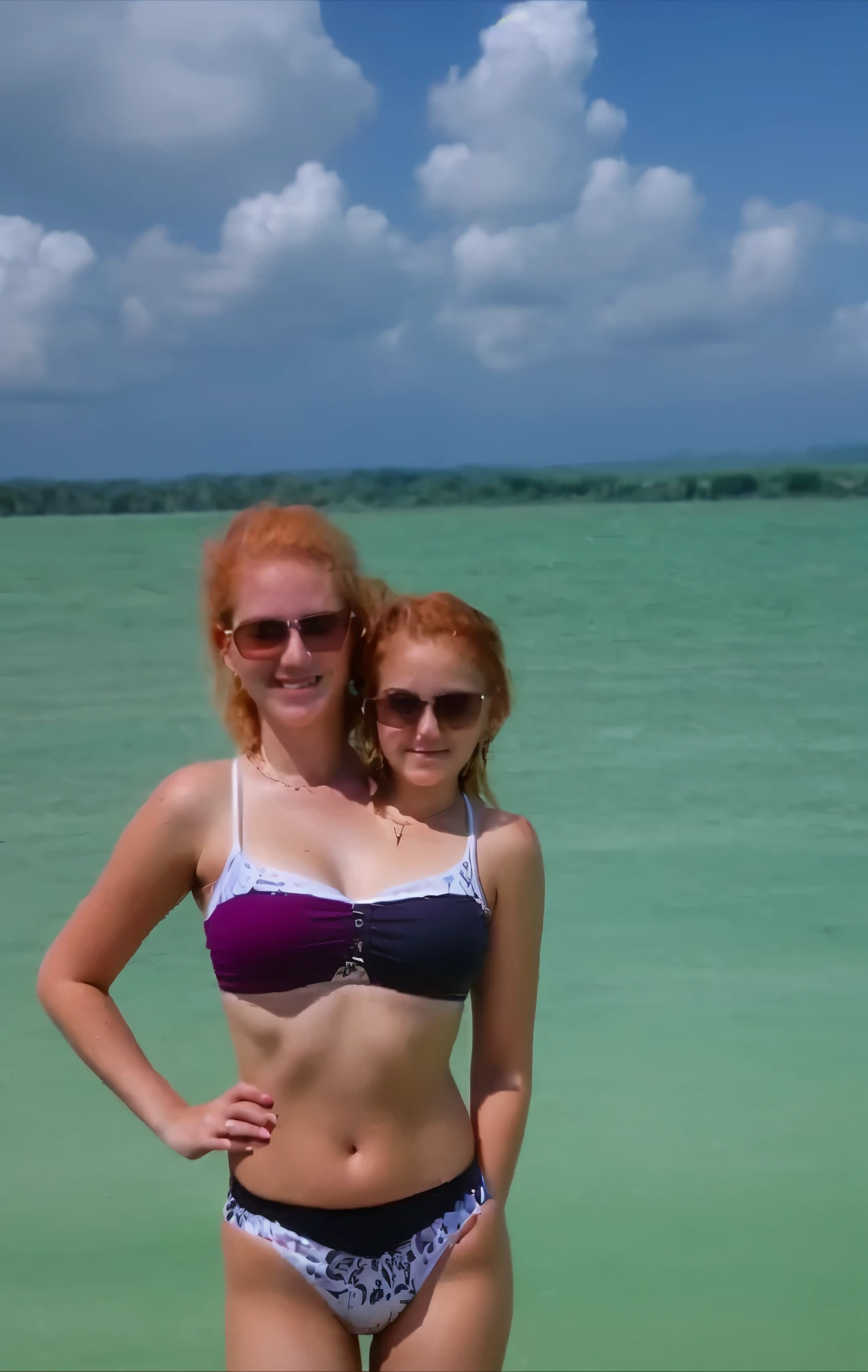 2heads, two headed girl, mom and daughter, (a 25 year old woman and a 12 year old girl:1.5), (a blonde and a redhead:1.1)