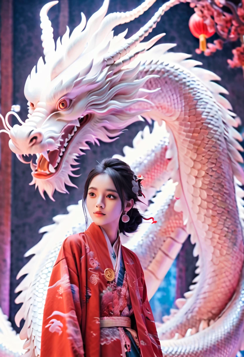 A cute Chinese girl,Standing next to the Chinese dragon, cyber punk personage, Red cotton jacket，TRADITIONAL CHINESE COSTUMES，Double ball hairstyle，Dragon in the background, Mechanical elements，rainbowing，a hologram，tmasterpiece，ultraclear，UE5，bailing_eastern dragon