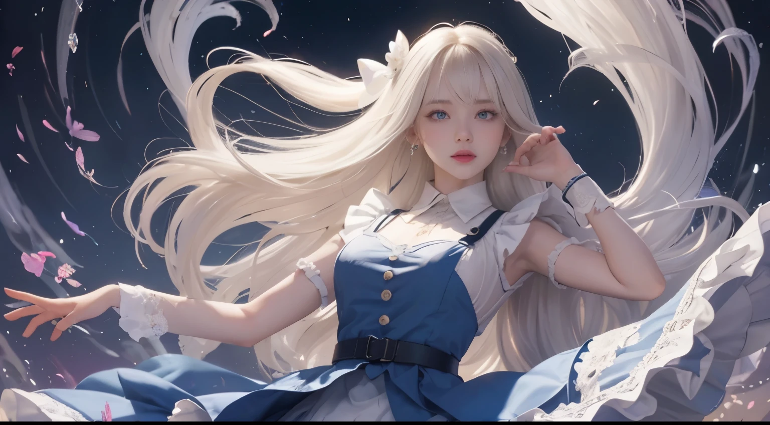 bright expression、photorealisim、top-quality、超A high resolution、a picture、絶妙に美しい北欧生まれの女の子のa picture、Extraordinary beautiful girl、Detailed cute and beautiful face、(pureerosface_v1:0.008)、Beautiful bangs、alice in the wonderland、18year old、Glowing white shiny skin、Flow of hair that extends to the face、Bangs between the eyes、Super long hair、Attractive light and dark platinum blonde super long straight silky hair、finer hair、Attractive glowing beautiful bright clear light blue big eyes、White Apron、Yellow dress、eye liner、Double eyelids、Lush bust、2 girls in、Cat's ears、great laughter、a short skirt、White lace underskirt、Pink panty、