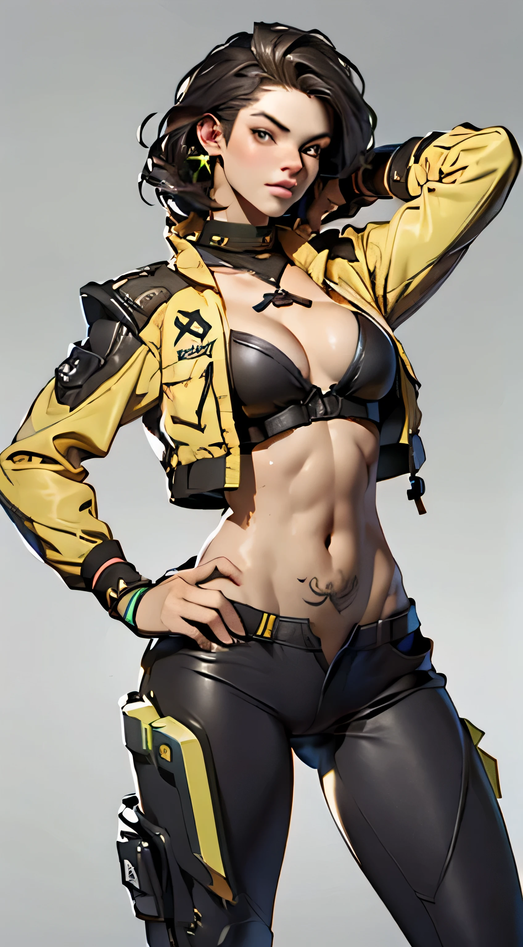 11:23(((Best quality at best: 1.4))),(Unbeatable masterpiece), (hyper HD),(Hyper-realistic 8k CG)、（dark colored hair） ((( body))), (((1 girl in))), 25-year-old American soldier with perfect body,,Beautiful and well-groomed face,muscular body:1.2,detailed solid color jacket, (Pictures from head to thighs)， Complex equipment, Dark Green，long trousers，Close-fitting clothes are dark，With white stars and off-white stripes,,,,,Metal electronic parts for armor, Poison tattoos )