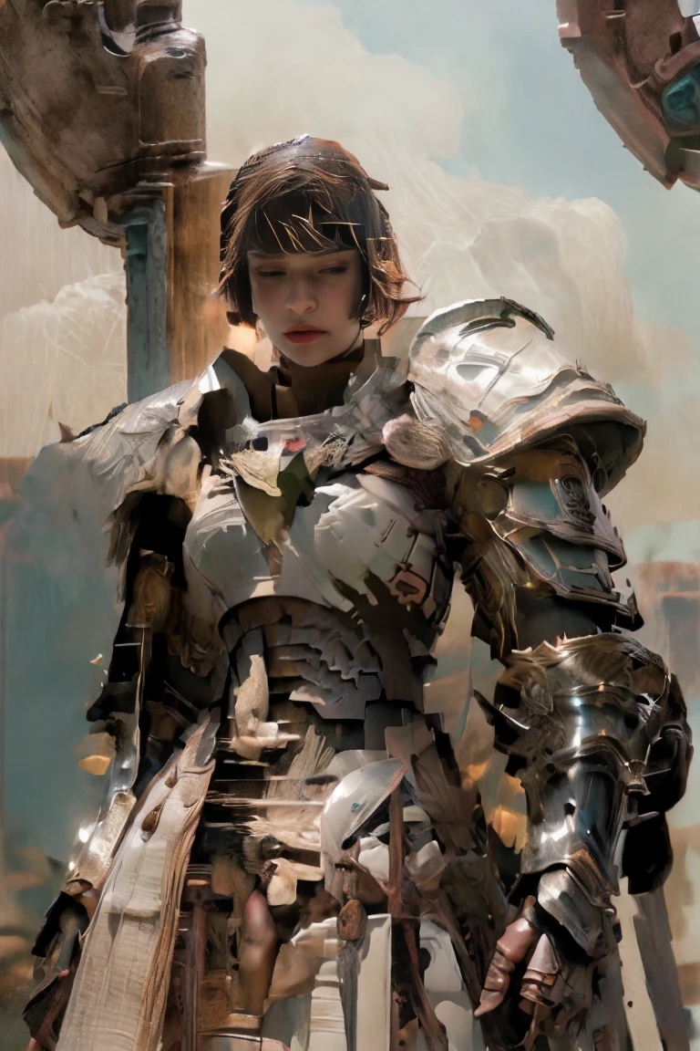 (Highest Quality: 1.4), (Unparalleled Masterpiece Ever), (Ultra High Quality), (Ultra Realistic 8K CG), Official Art, Seductive pose, Female Gladiator, Stunningly beautiful pretty face, Highly detailed armor and gauntlets, Short hair, Dark hair, Messy hair, Muscular_body: 1.4, Highly detailed breastplate large taut chest, white skin, well-developed body, ancient Roman city background, sun light creates beautiful shadow gradient, adds depth to the image, (muted colors, dim colors, muted tones: 1.3), low saturation, (hyperdetail: 1.2), perfect anatomy,