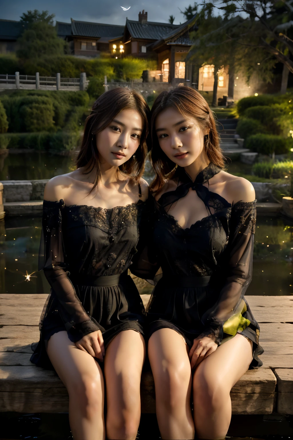 All faces and pictures must be different, high quality, highly detailed, a stunningly photorealistic closeup portrait of two beautiful Chinese women,babyfaced, intricate detailed eyes,open shoulders,skirtlift,where two mysterious women sits by the edge of a pond, capturing a romantic atmosphere under the starry sky.