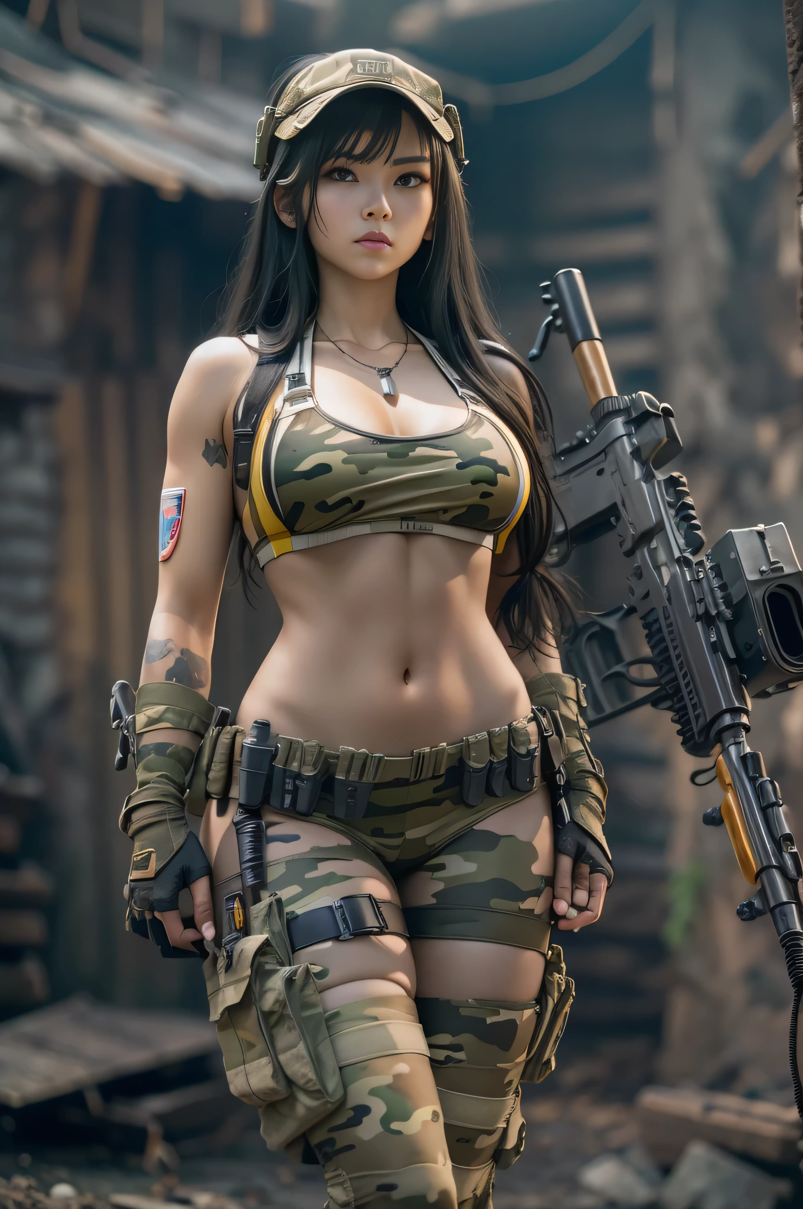 Unreal Engine:1.4,Ultra-realistic 64K CG, Photorealista:1.4, Skin Texture:1.4, Top 1 girls in bikinis ,japanes, sixteen years old, Gatling gun, Shell casing, Looking at Viewer, Bangs, ammunition belt, gloves,Saggy breasts,opening fire,in the picture, A beautiful girl with long black hair in a bikini appears.，The delicate face of，Wearing bikini metal，standing on the ruins，The behavior of a woman with a heavy sniper rifle in her hands,cle beige dress, Army Chain,War Jet DSLR background, F/2.8, 5D, 16 K, Hyper-Resolution . Realistic style, key visual, Vibrant,, Normal display, Realistic, Camouflage costumes, soldier, Stripes of camouflage makeup on her face at an angle of 45 degrees, Tough Broad,