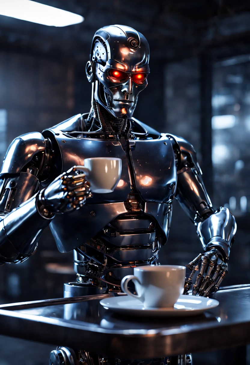 The T-1000 in "the Terminator" as Robot Butler, holding a steaming cup of coffee on a tray, enhance, intricate, (best quality, masterpiece, Representative work, official art, Professional, unity 8k wallpaper:1.3)