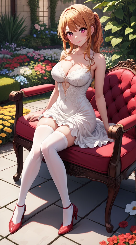 anime, beautiful face, highly detailed face, 2 accurate legs detailed eyes, highly detailed background, perfect lighting, accurate arms, accurate hands, accurate fingers, full body, 1girl, solo, ruby hoshino, oshi no ko, indoors, detailed heels, white detailed thighhighs, outdoor, ina garden of flowers, absurdres, high res, ultrasharp, 8K, masterpiece, looking at viewer, elegant pose, (full body:1.4), smiling with compassion, teasing smile, detailed dress, patterned wedding dress, , sitting down on a chair