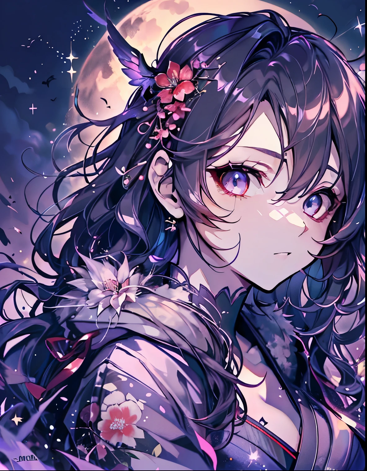 best qualtiy, 超A high resolution, A detailed face, A detailed eye, beautiful sexy woman, black and red kimono, moon in background, nigh sky, The dragon, Sparkle, butterflys々, Fantastical,