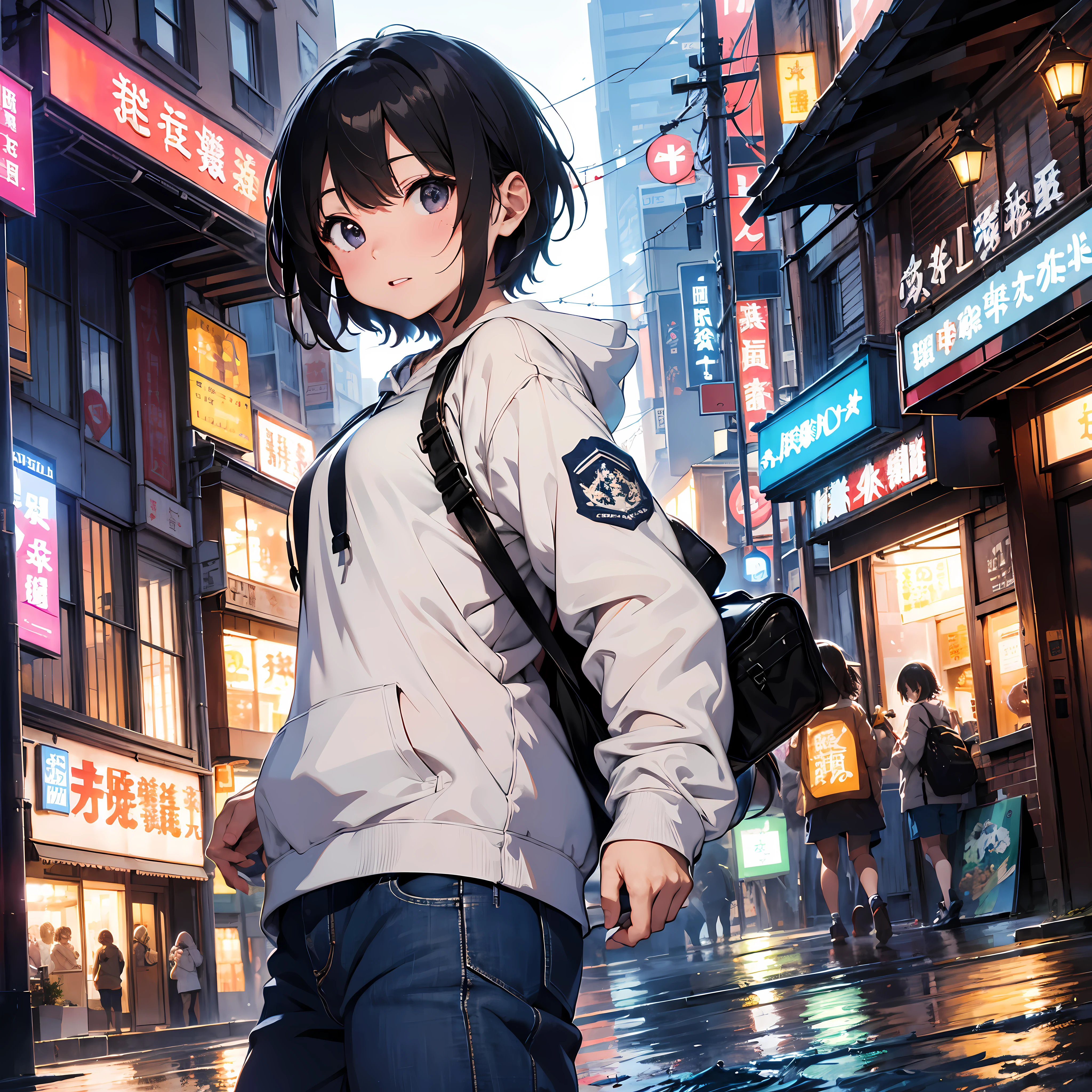 8K分辨率、((top-quality))、((masterwork))、((ultra-detailliert))、1 woman、独奏、incredibly absurdness、Oversized Hoodies、headphones、street、plein air、Sateen、neons、Shortcut Hair、Brightly colored eyes、Hands in pockets、shortpants、water dripping