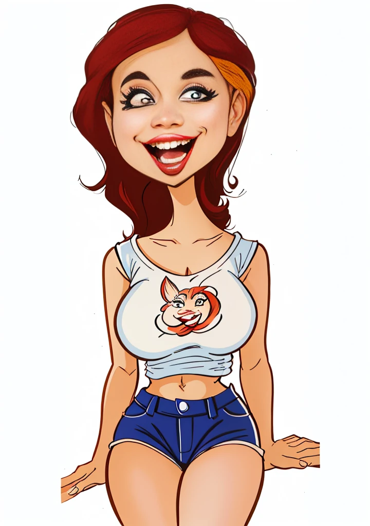 cartoon woman in a white blouse and blue shorts with red lip, in cartoon style, arte digital dos desenhos animados, arte dos desenhos animados, mulher morena, desenhos animados realistas, desenho animado de arte digital, mulher bonito, estilo caricatura, desenho animado altamente detalhado, Cartoon style illustration, hd illustration, in illustration style digital, digital illustration -, mulher atraente do cabelo castanho, Latim, caricature illustration