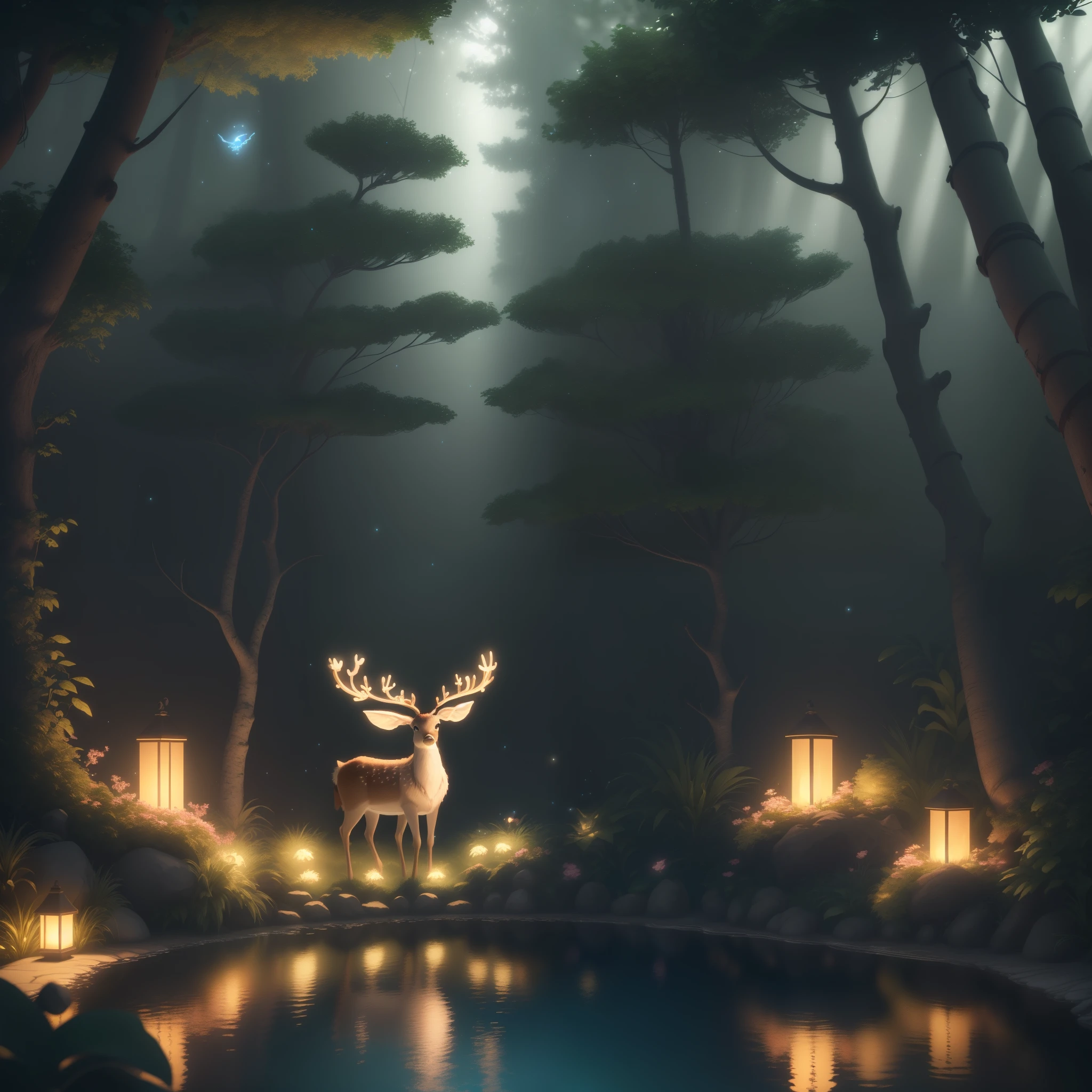 Masterpiece, best quality, (very detailed CG unity 8k wallpaper), (best quality), (best illustration), (best shadows), glow sprite, with a glowing deer, in the swimming pool Drinking water, natural elements in the forest theme. Mysterious forest, beautiful forest, nature, surrounded by flowers, delicate leaves and branches surrounded by fireflies (natural elements), (jungle theme), (leaves), (twigireflies), (particle effects) etc. 3D , Octane rendering, ray tracing, super detailed --v6