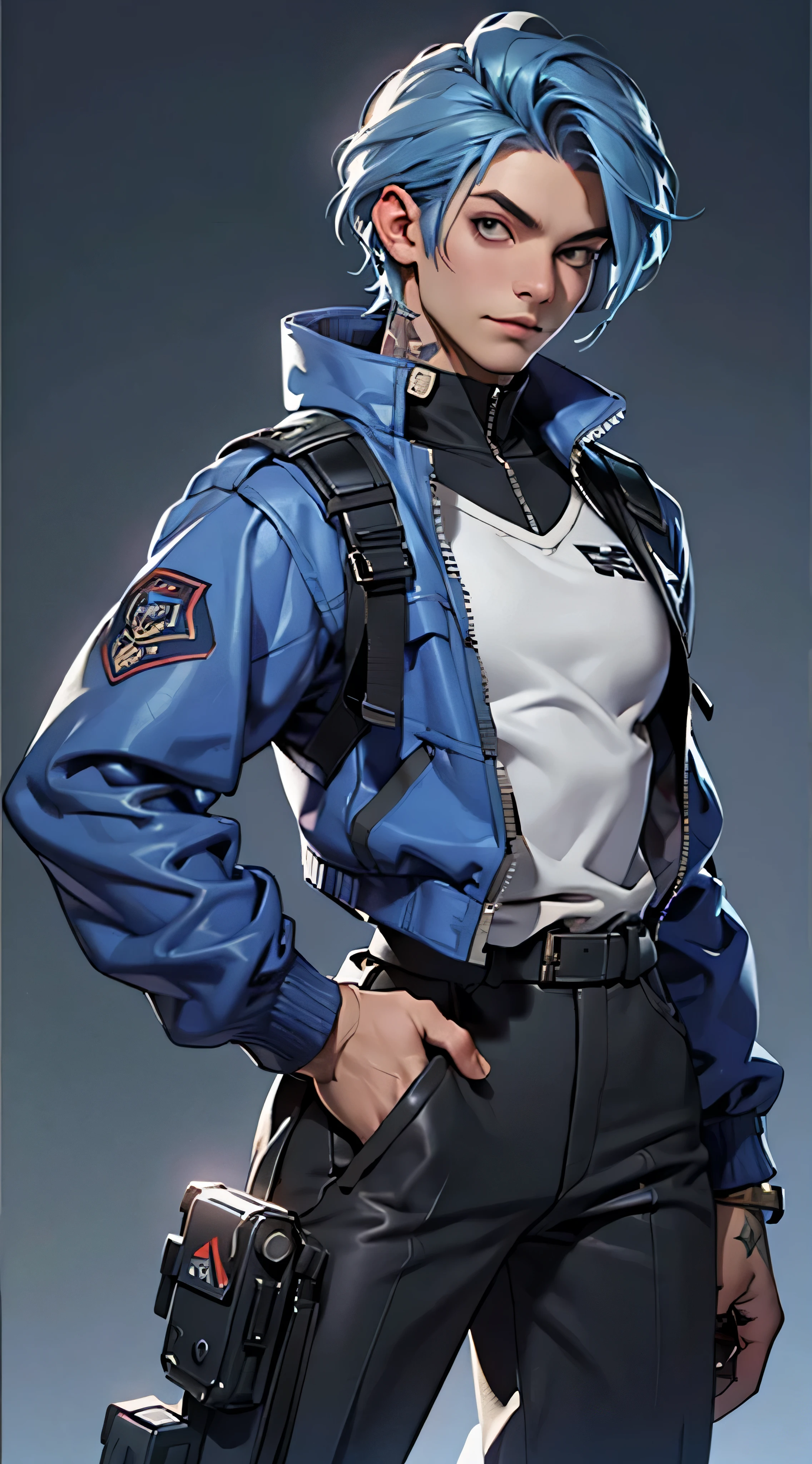 11:23(((Best quality at best: 1.4))),(Unbeatable masterpiece), (hyper HD),(Hyper-realistic 8k CG)、(one hand on hip gesture),(lightblue hair) ((( body))), (((1 girl in))), 25-year-old American soldier with perfect body,,Beautiful and well-groomed face,muscular body:1.2,Solid royal blue jacket with details, (Pictures from head to thighs), Complex equipment, purpleish color,long trousers,The clothes inside are dark,Clothes with armored metal electronic parts, Poison tattoos )
