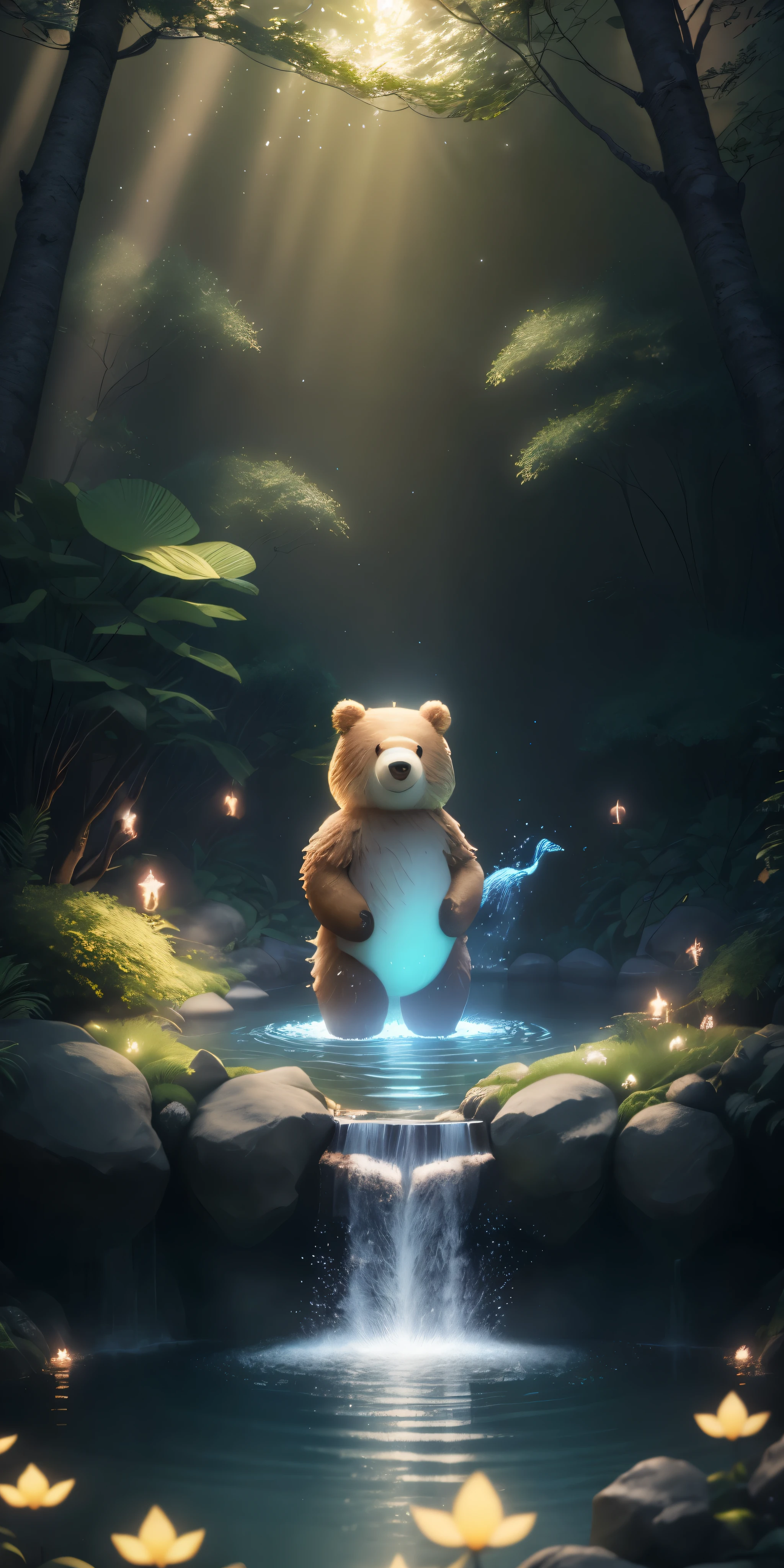 Masterpiece, best quality, (very detailed CG unity 8k wallpaper), (best quality), (best illustration), (best shadows), glow sprite, with a glowing bear, in the swimming pool Drinking water, natural elements in the forest theme. Mysterious forest, beautiful forest, nature, surrounded by flowers, delicate leaves and branches surrounded by fireflies (natural elements), (jungle theme), (leaves), (twigireflies), (particle effects) etc. 3D , Octane rendering, ray tracing, super detailed --v6