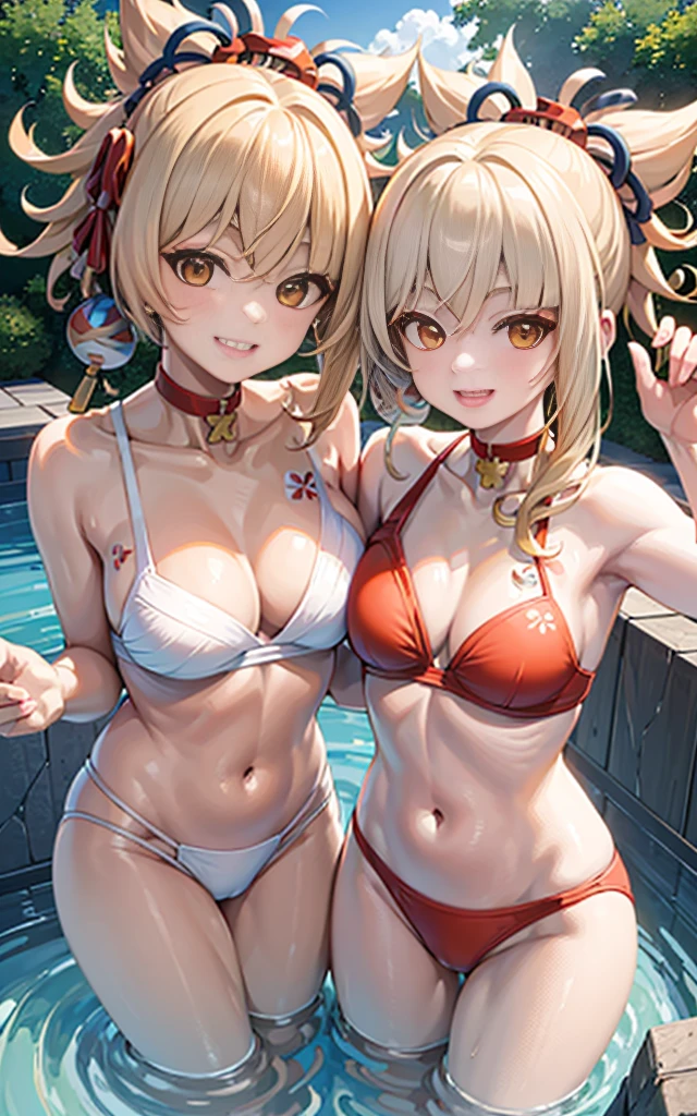 Two girls smiling in the water in the bathtub without showing their teeth. Female twins, vibrant with colors,Natural lighting, best quality, breasts next to each other, holding each other, sunny masterpiece, navel exposed, blushing, small breast, orange briefs, face very red, orange swimsuit 4k