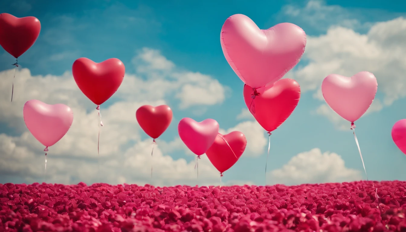 An aesthetic photo of an arrangement of heart-shaped balloons in various shades of pink and red against a bright, blue sky, creating a whimsical backdrop
