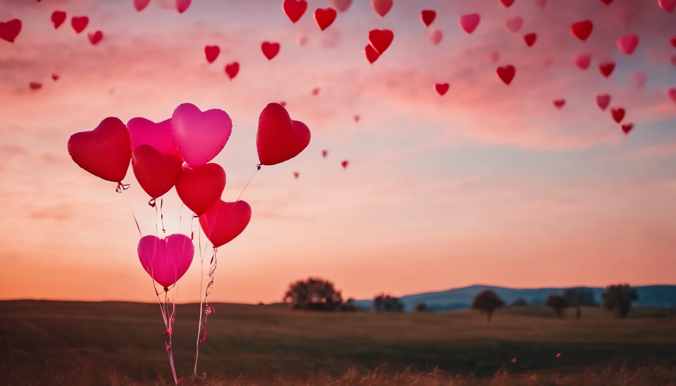 An aesthetic photo of an arrangement of heart-shaped balloons in various shades of pink and red against a bright, blue sky, creating a whimsical backdrop