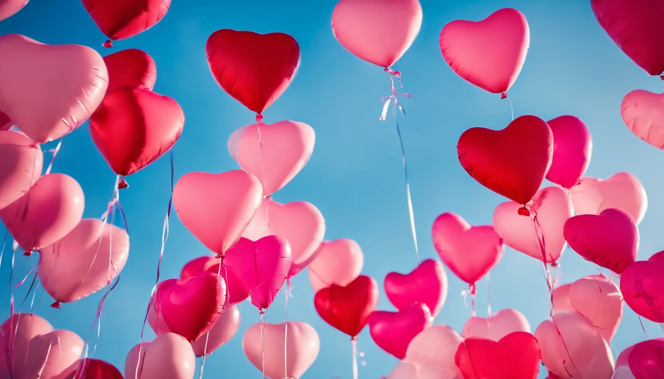 An aesthetic photo of an arrangement of heart-shaped balloons in various shades of pink and red against a bright, blue sky, creating a whimsical backdrop
