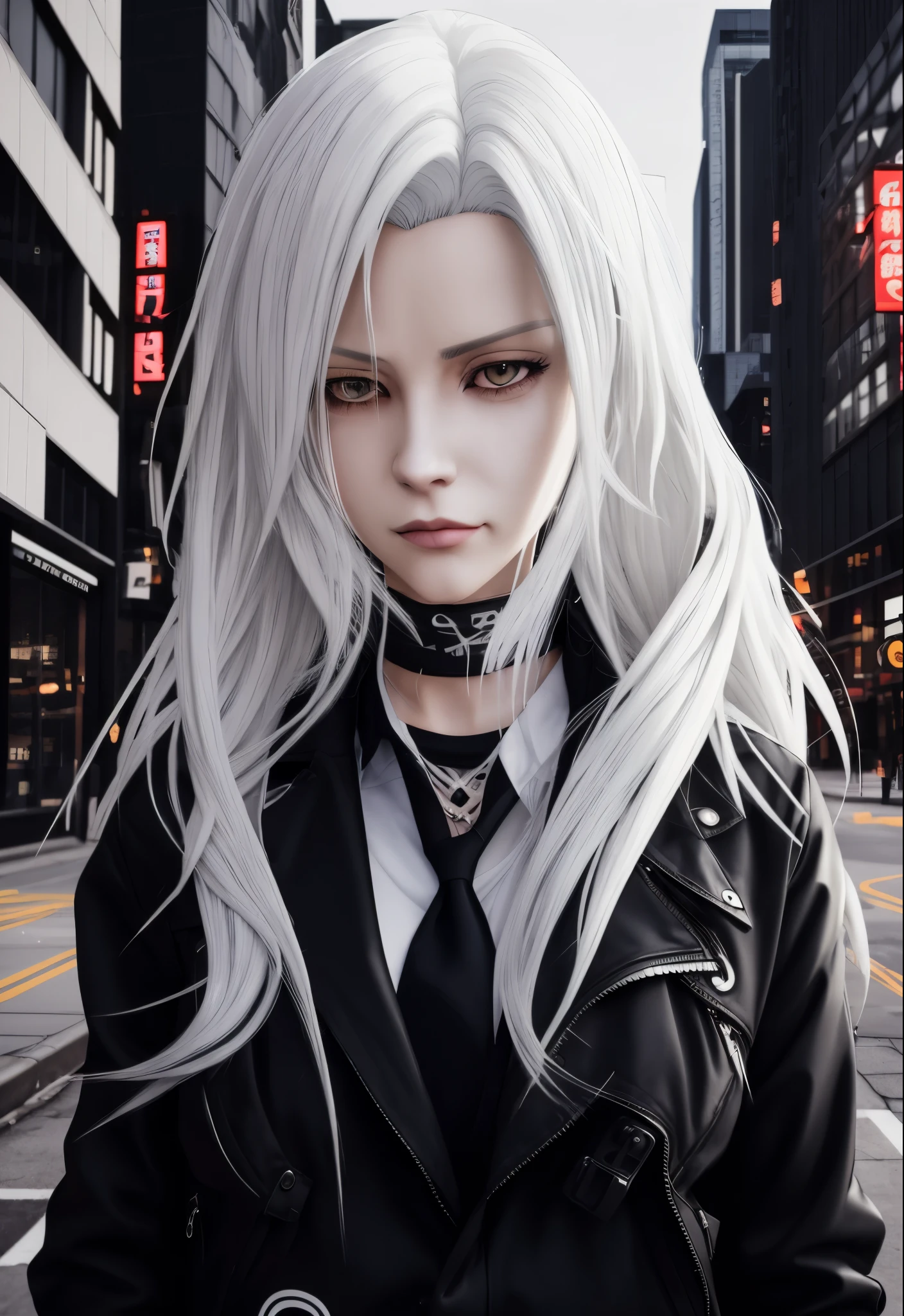 Anime girl with long white hair and a black jacket in the city, Girl with gray hair, perfect white haired girl, white haired, digital art from danganronpa, One girl has gray hair, white haired lady, White-haired, Long Hair Anime Girl, blonde Long Hair Anime Girl, very modern anime style, girls frontline style, Tifa Lockhart with white hair
