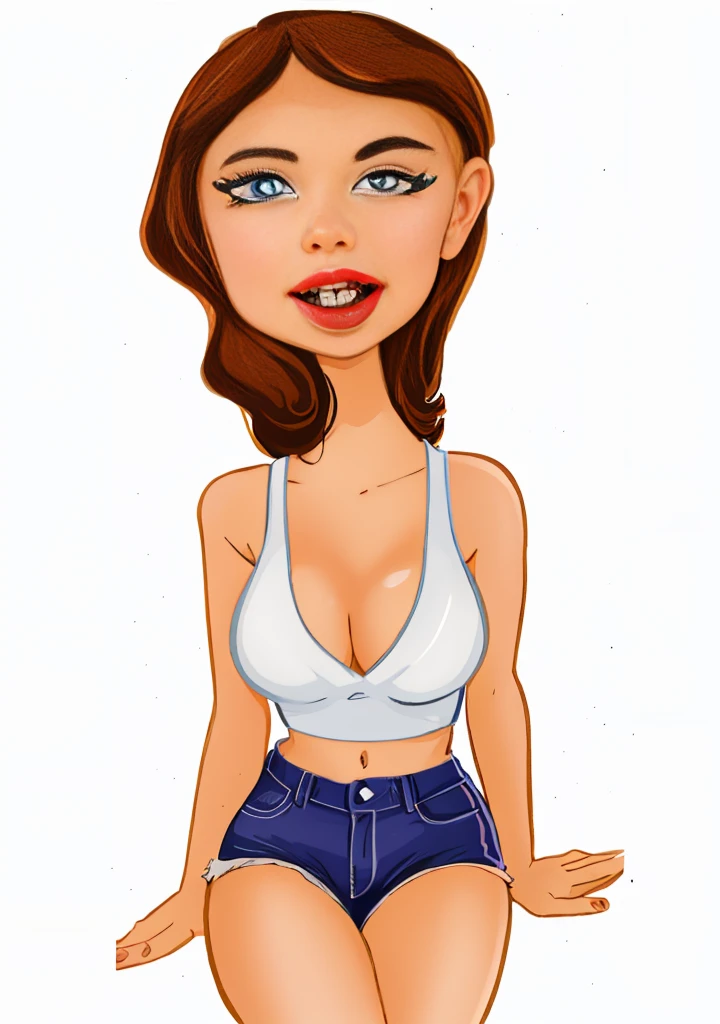 cartoon woman in a white blouse and blue shorts with red lip, in cartoon style, arte digital dos desenhos animados, arte dos desenhos animados, mulher morena, desenhos animados realistas, desenho animado de arte digital, mulher bonito, estilo caricatura, desenho animado altamente detalhado, Cartoon style illustration, hd illustration, in illustration style digital, digital illustration -, mulher atraente do cabelo castanho, Latim, caricature illustration