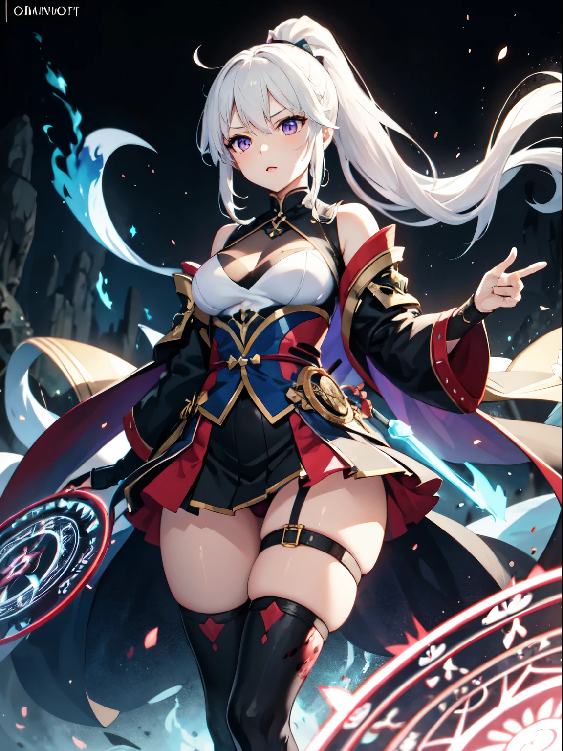 1girl in, komono, Ponytail ,White hair, Purple eyes, Magic Circle, blue fire, blue flames, Wallpaper, landscape, Blood, Blood splatter, depth of fields, Night, light Particle, llight rays, side lights, thighs thighs thighs thighs, Fate \(Series\), GenshinImpact, Open jacket, Skirt, thighs thighs thighs thighs, cloud