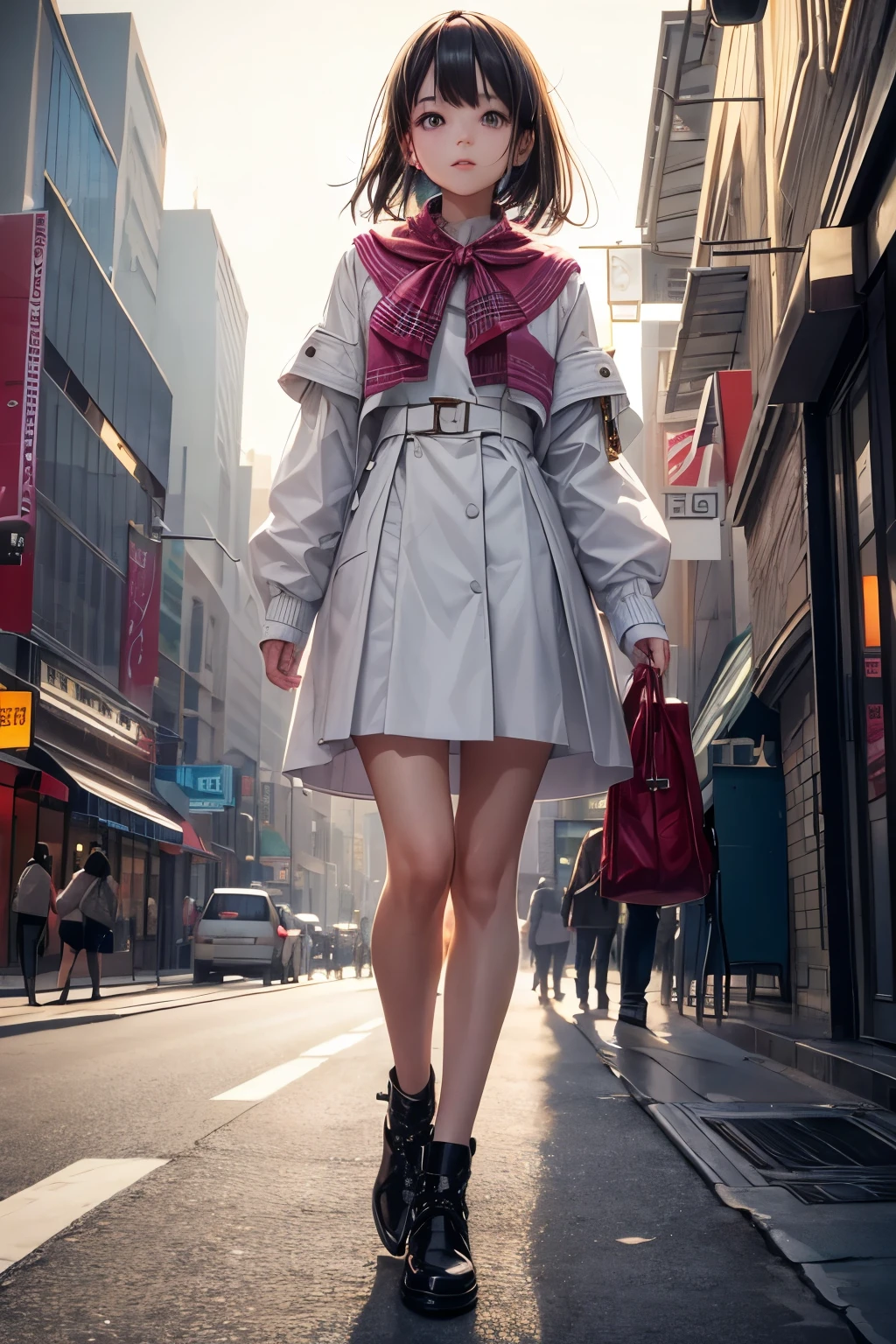 A young beautiful girl dressed in fashionable clothes is walking down the street in the city. The girl is short, has a small face and short legs. Good lighting, good brightness, good contrast, good colors, good quality.