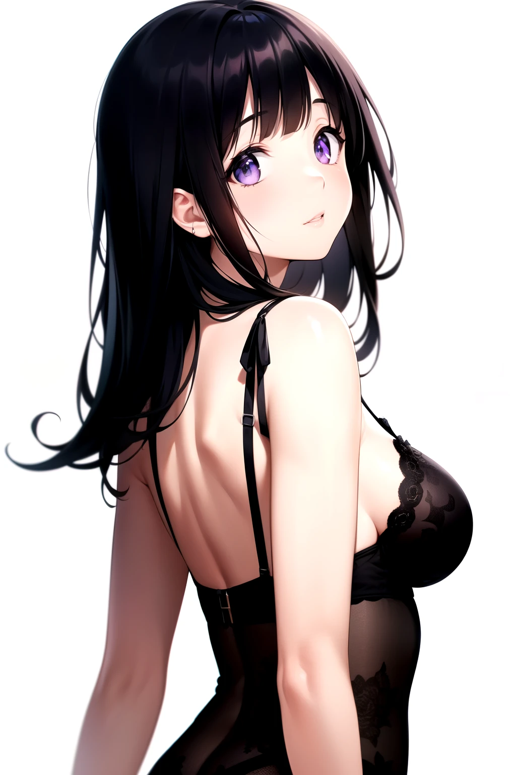 (A superb exquisite Chitanda Eru), ( face), ((white background, half body)), purple eyes, long black hair, natural straight hair, straight bangs, solo, [Small_breaste_breasts: 0.5]l breasts, ((looking br shoulder, lingerie)), extremely delicate, peerless beautiful girl, dreamy quality, exaggerated facial features, solid color, delicate face, bright lips, slender waist, straight curves, soft lights and shadows, super fine, 8K HD, (masterpiece:1.4), (finely detailed beautiful eyes: 1.2)