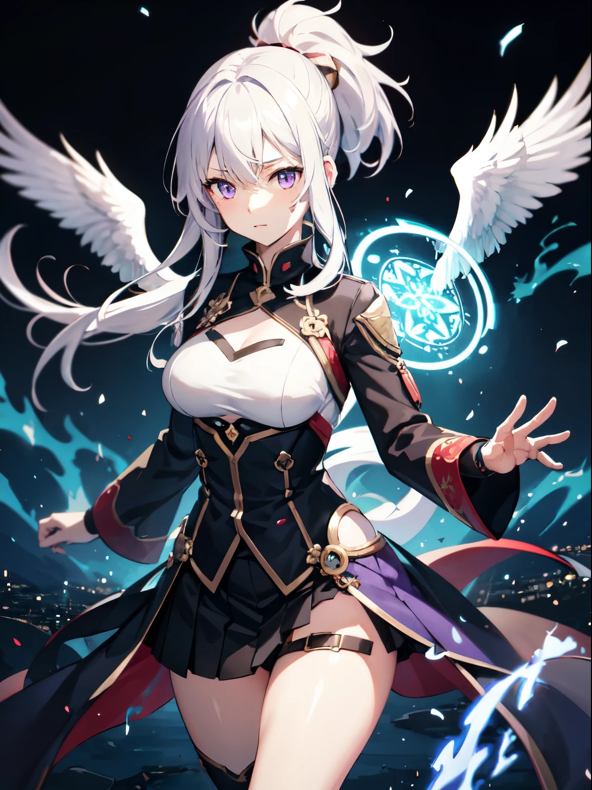 1girl in, komono, Ponytail ,White hair, Purple eyes, Magic Circle, blue fire, blue flames, Wallpaper, landscape, Blood, Blood splatter, depth of fields, Night, light Particle, llight rays, side lights, thighs thighs thighs thighs, Fate \(Series\), GenshinImpact, Open jacket, Skirt, thighs thighs thighs thighs, cloud