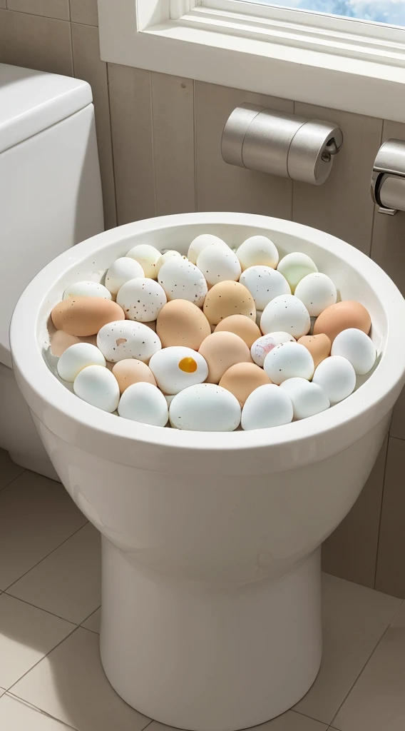 (8K, photorealistic:1.3)one white men's toilet. (A large amount of boiled eggs are in toilet, and lying around:1.5). Inside the toilet, The morning sunlight is shining through the window。Natural light, masterpiece, white