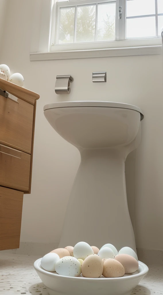 (8K, photorealistic:1.3)one white men's toilet. (A large amount of boiled eggs are in toilet, and lying around:1.5). Inside the toilet, The morning sunlight is shining through the window。Natural light, masterpiece, white