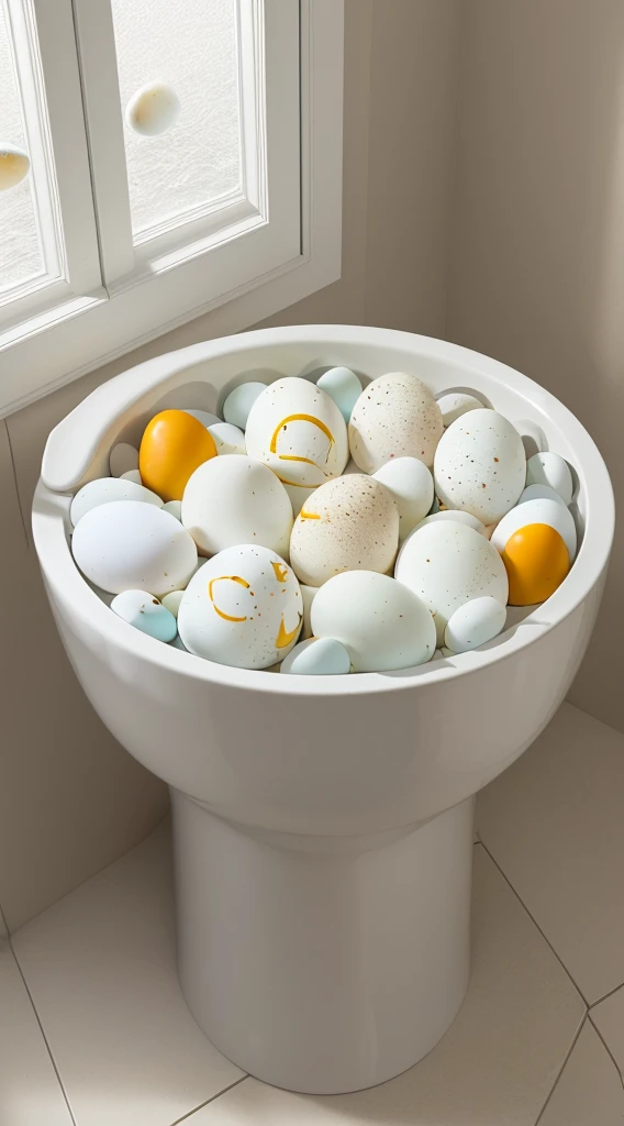 (8K, photorealistic:1.3)one white men's toilet. (A large amount of boiled eggs are in toilet, and lying around:1.5). Inside the toilet, The morning sunlight is shining through the window。Natural light, masterpiece, white