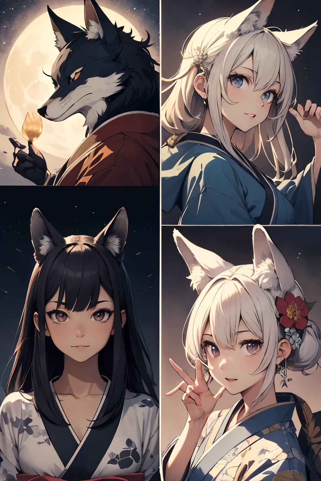 ((Best Quality)), ((masutepiece)), (Detailed), Perfect face、perfect bodies、perfect hand、Beastman、fox、１９age、girl with、kimono、Modern style、fullmoon、loiter、Ephemeral face、Beautiful face、low angles