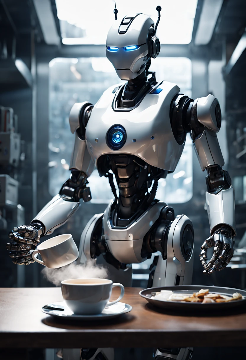 movie "I, Robot", holding steaming cup on a tray, enhance, intricate, (best quality, masterpiece, Representative work, official art, Professional, unity 8k wallpaper:1.3)