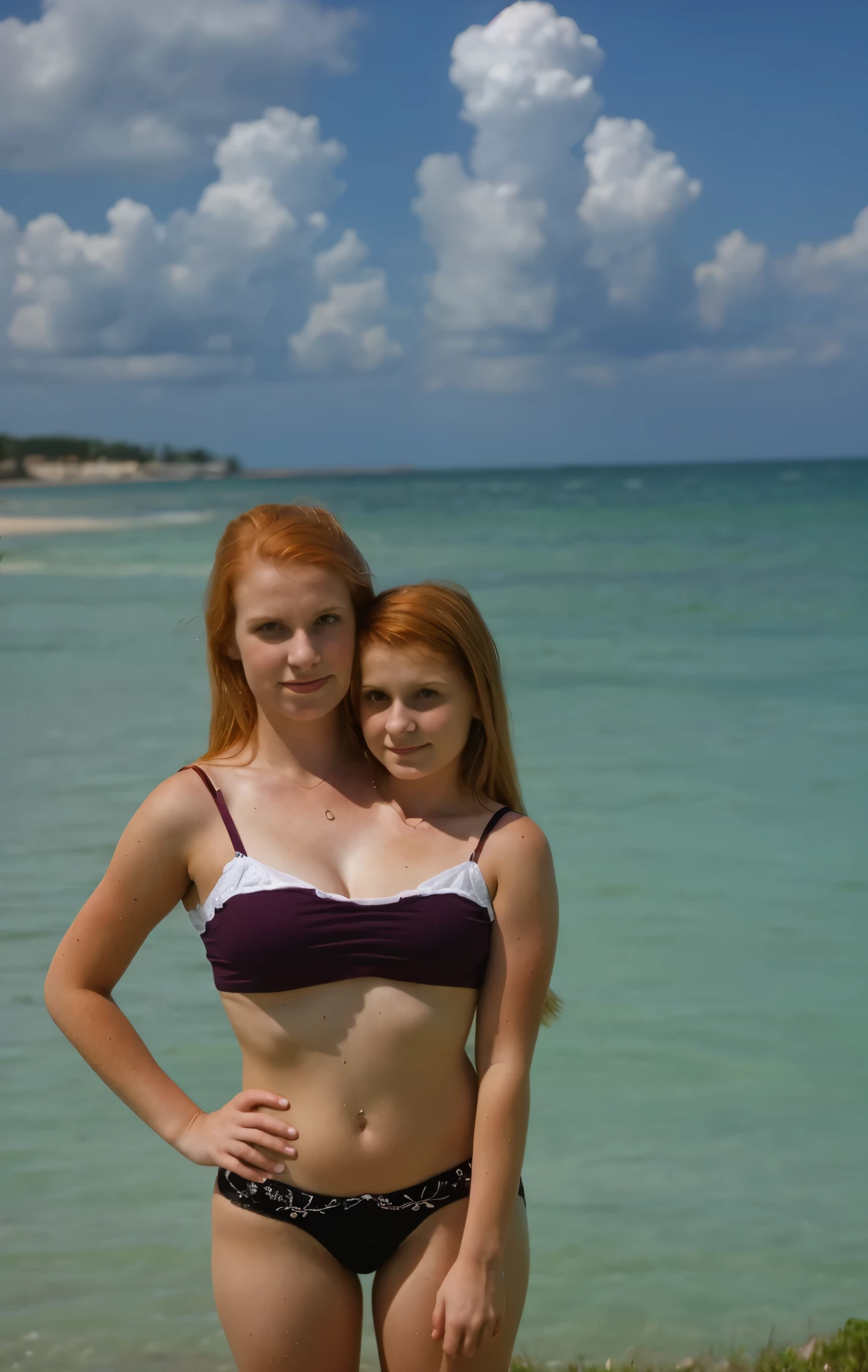 2heads, two headed girl, mom and daughter, (1head:1.5 child), (1head:1.5 young adult) (one torso:1.5), pale skin, Scottish redhead, teenager, white girls, different ages, (two heads on one body:1.4), (first head uncomfortable:1.5), (second head unhappy:1.5) conjoined twins, heads side by side, one torso, young, realistic faces, lifelike faces, uncomfortable, barefoot