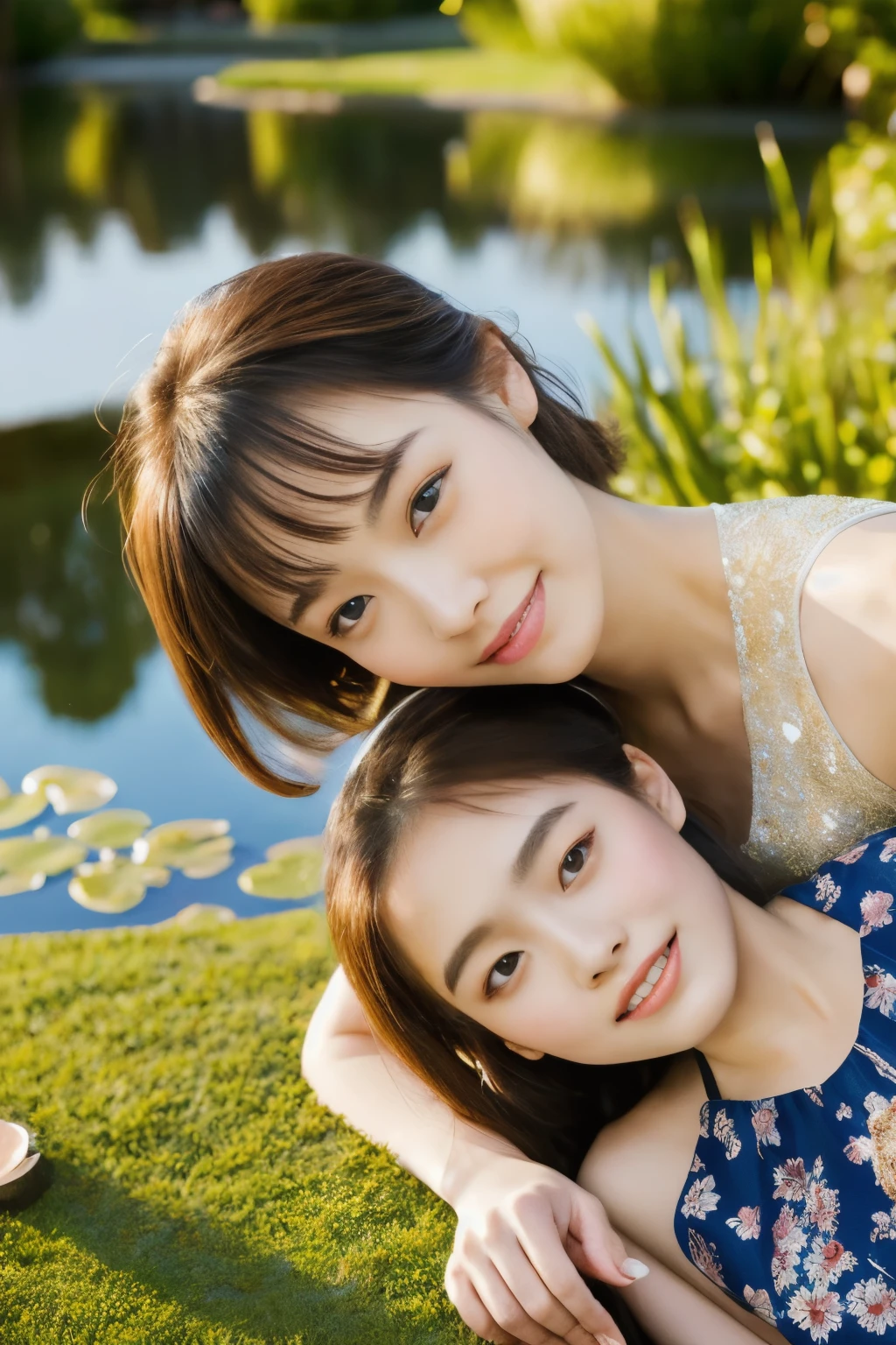 All faces and pictures must be different, high quality, highly detailed, a stunningly photorealistic closeup portrait of two beautiful Chinese women,faced, intricate detailed eyes,open shoulders,skirtlift,where two mysterious women sits by the edge of a pond, capturing a romantic atmosphere under the starry sky.