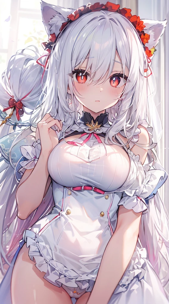 ((masterpiece, maximum quality, ultra quality, ultra high quality, maximum detail, well defined, 8k)), nsfw, 1 girl, ((detailed eyes)), ((bright pupils, heterochromatic pupils, blue and red )), long white hair, white cat ears, ((maid)), ((breasts visible, huge breasts, breasts exposed, nipples visible, topless)), serious expression.