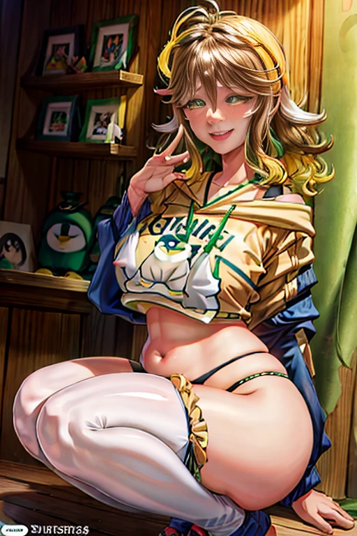 amicia michella - nijisanji, naime style 1girl, (((bimbo))), brown short hair, yellow inner hair, wavy hair, green eyes, (((bimbo))), thin lips, painted lips, shy smile face, wide hips, thick thighs, huge round ass, shiny oily breasts, string bikini, full body, island, nsfw